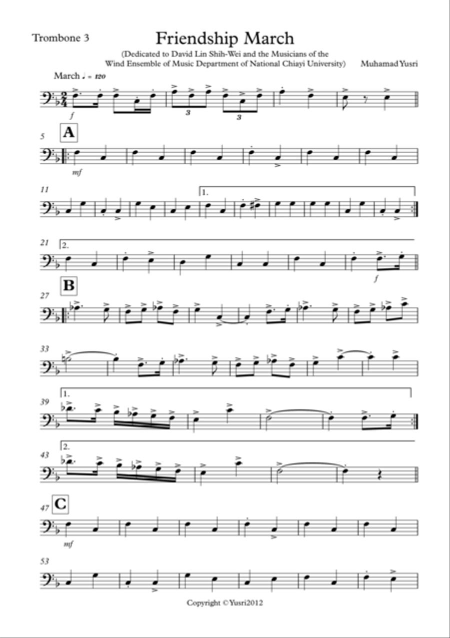Friendship March (Trombone 3 Part) Concert Band scores gallery preview page 1