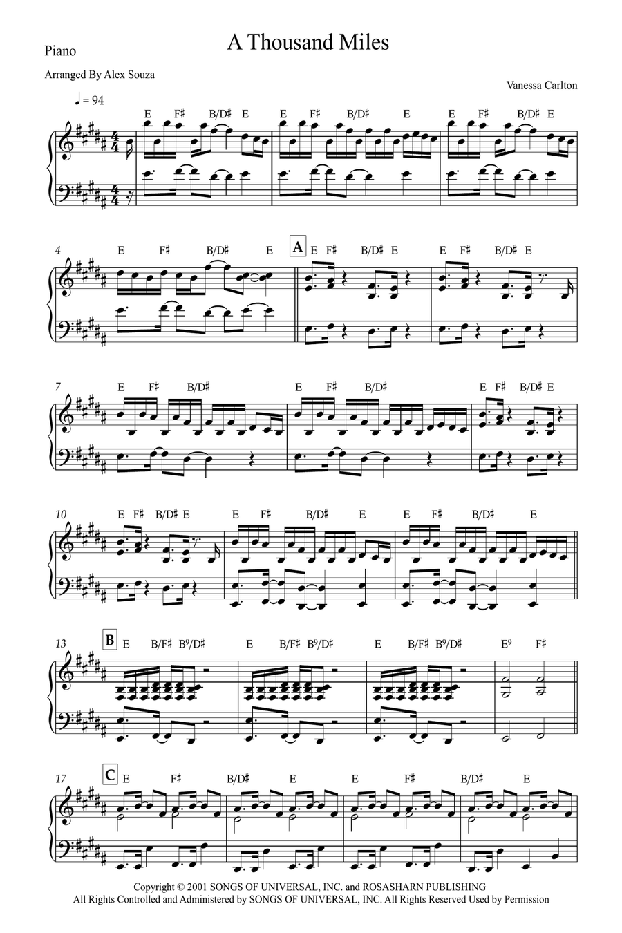 A Thousand Miles Easy Piano scores gallery preview page 1