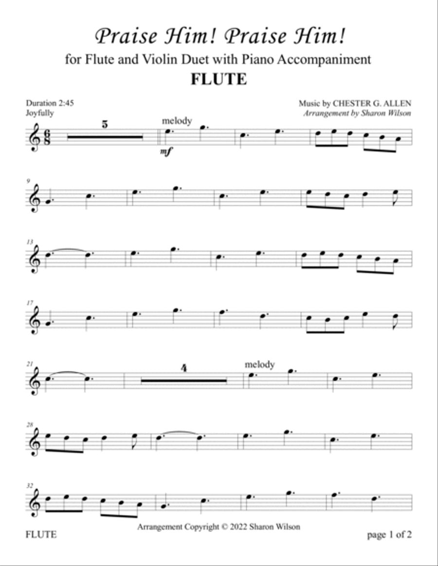 Praise Him! Praise Him! (for Flute and/or Violin Duet with Piano Accompaniment) Flute scores gallery preview page 2