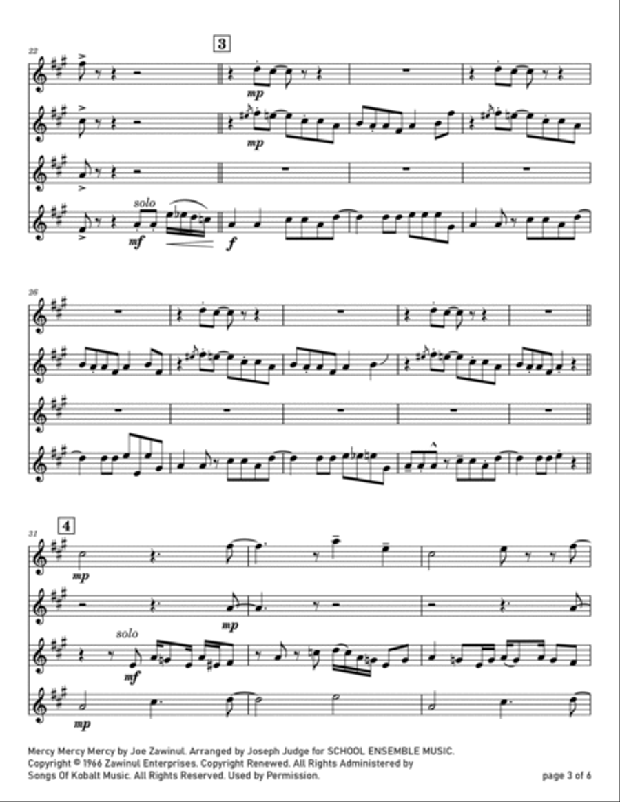 Mercy, Mercy, Mercy Mercy, Mercy, Mercy Clarinet Quartet scores gallery preview page 3