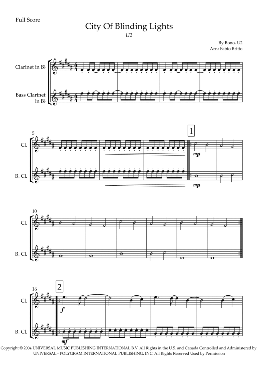 City Of Blinding Lights Clarinet Duet scores gallery preview page 1