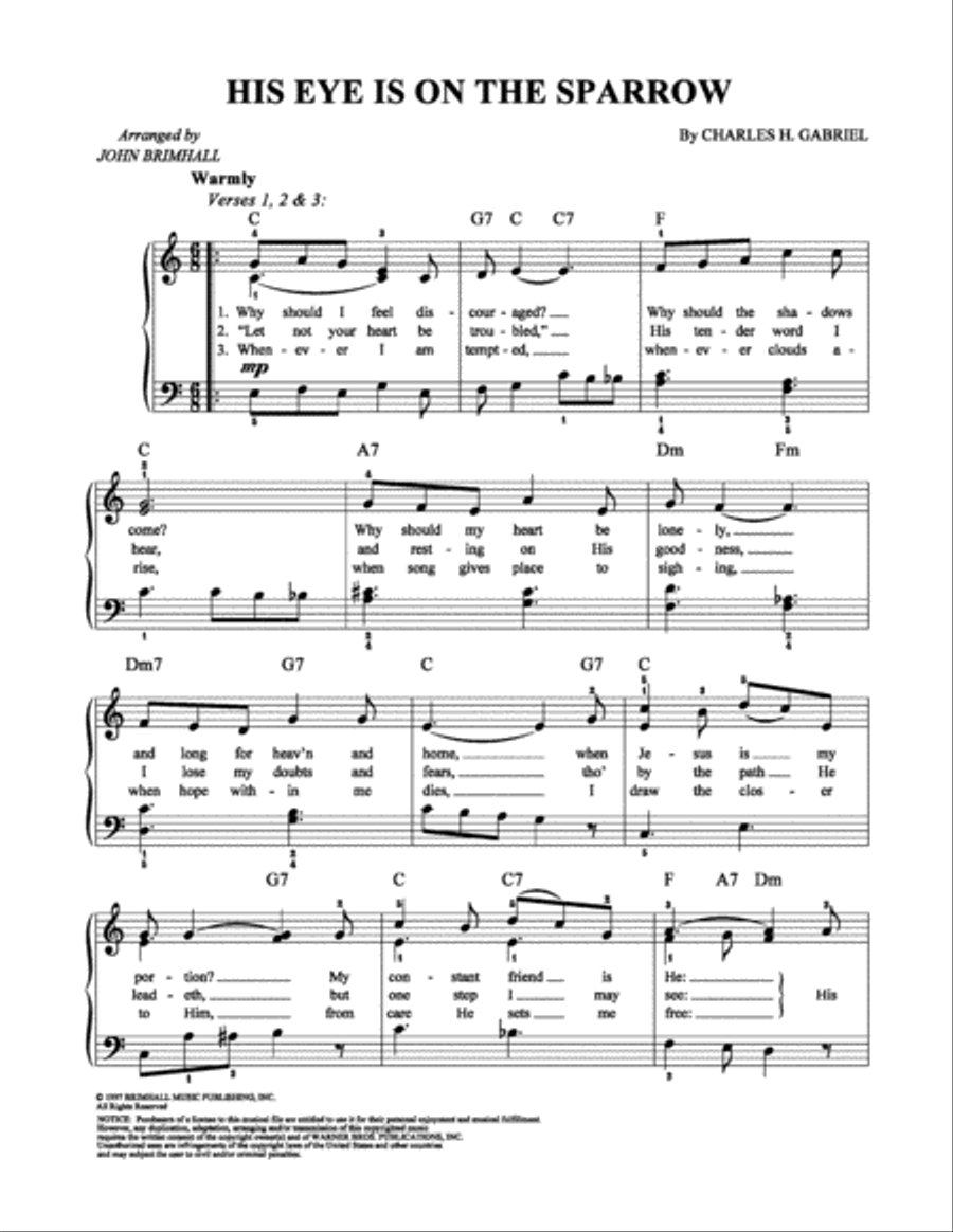 His Eye Is On the Sparrow Easy Piano scores gallery preview page 1
