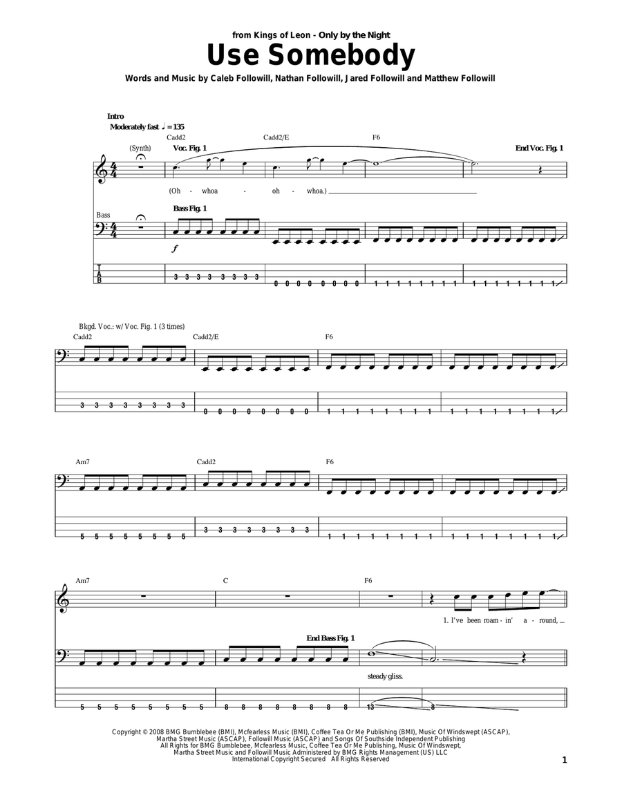 Use Somebody Guitar Tablature scores gallery preview page 1