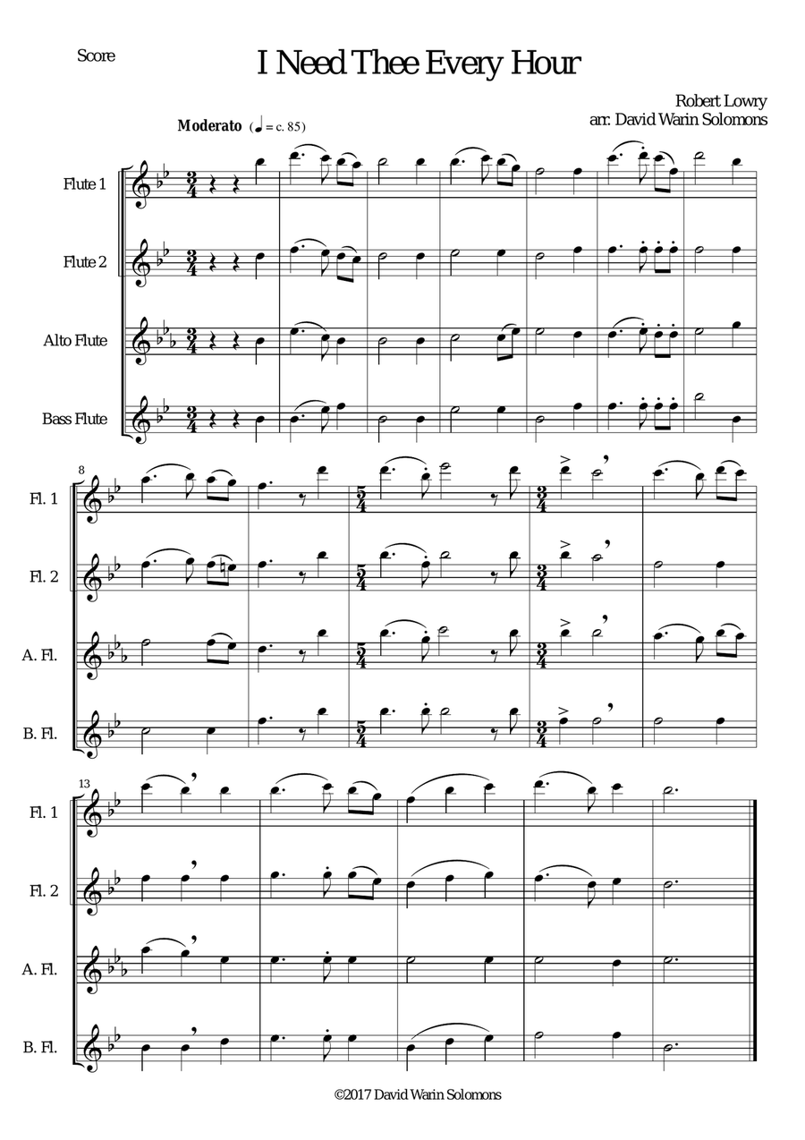 I Need Thee Every Hour for Flute quartet (2 C flutes, alto flute, bass flute) Flute Quartet scores gallery preview page 1