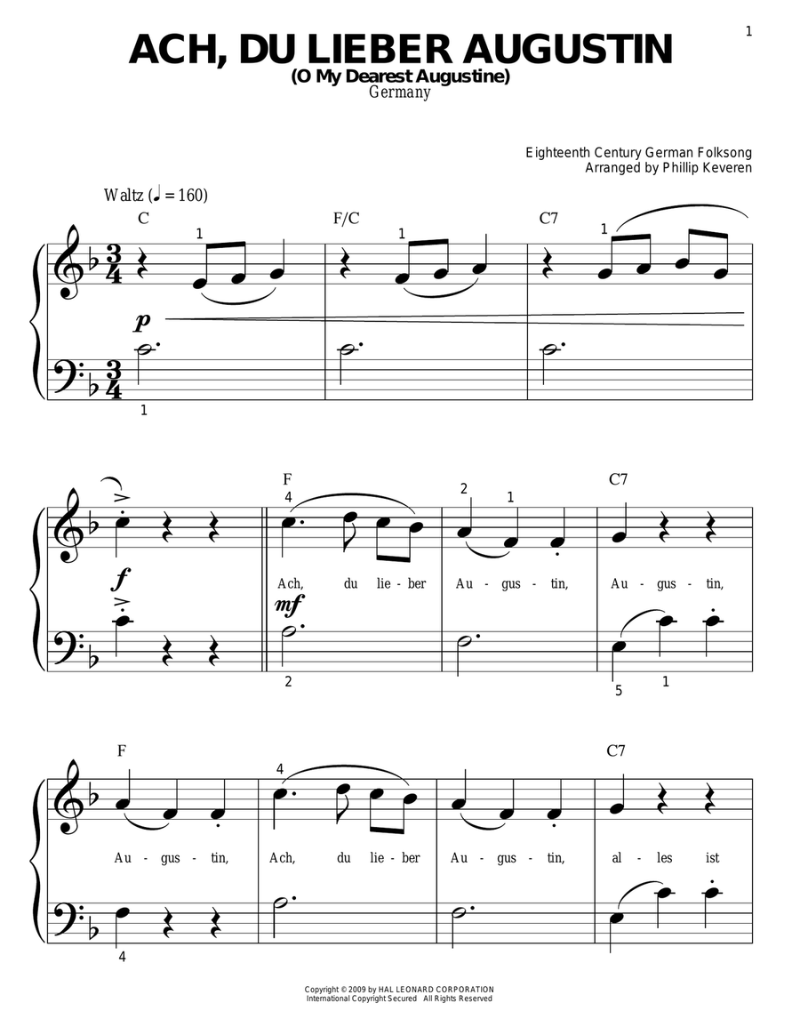 Ach Du Lieber Augustin (O My Dearest Augustine) (arr. Phillip Keveren) Easy Piano scores gallery preview page 1