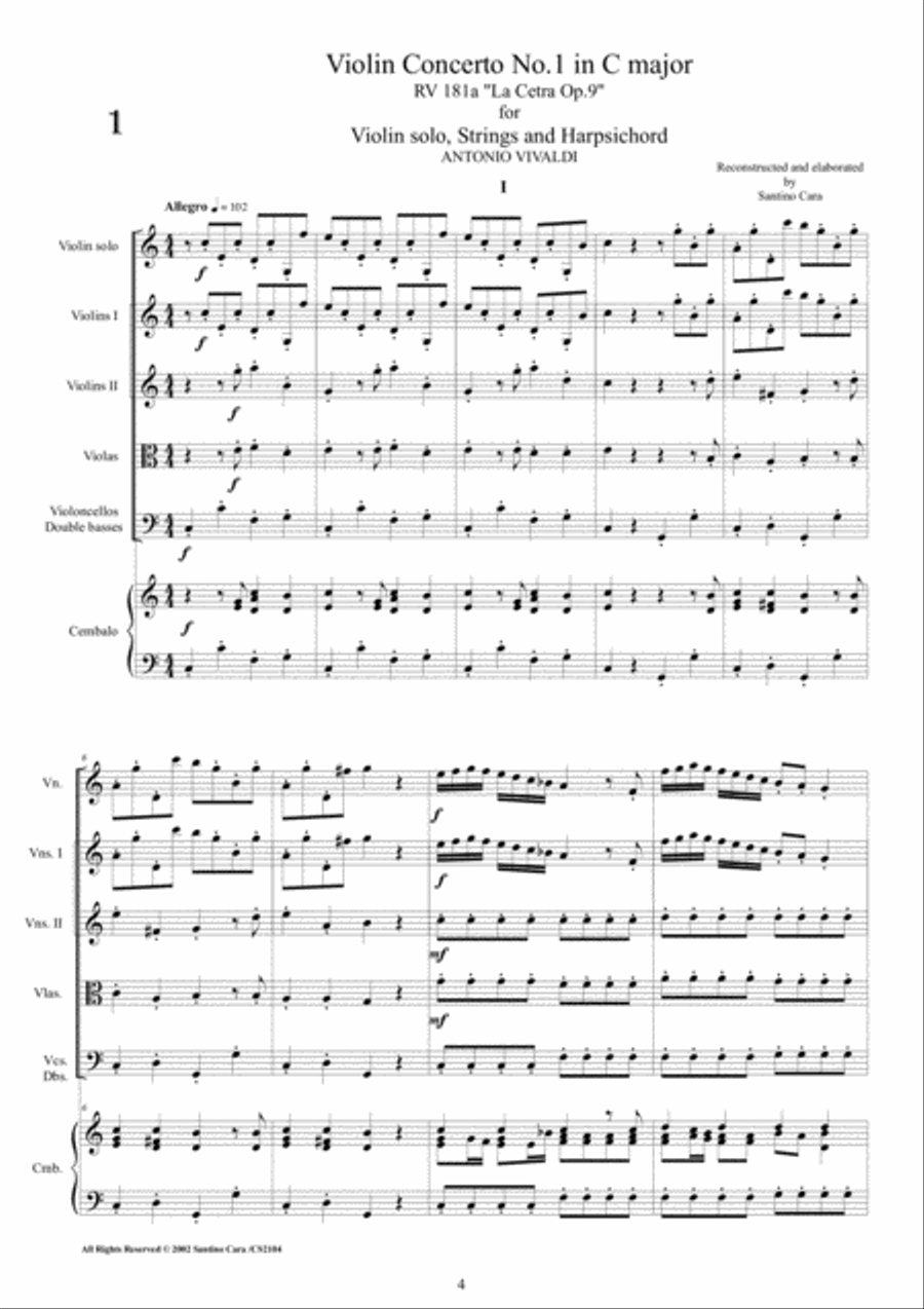 Vivaldi - La Cetra Op.9 - 12 Concertos for Violin, Strings and Cembalo - Scores and Parts Chamber Orchestra scores gallery preview page 4