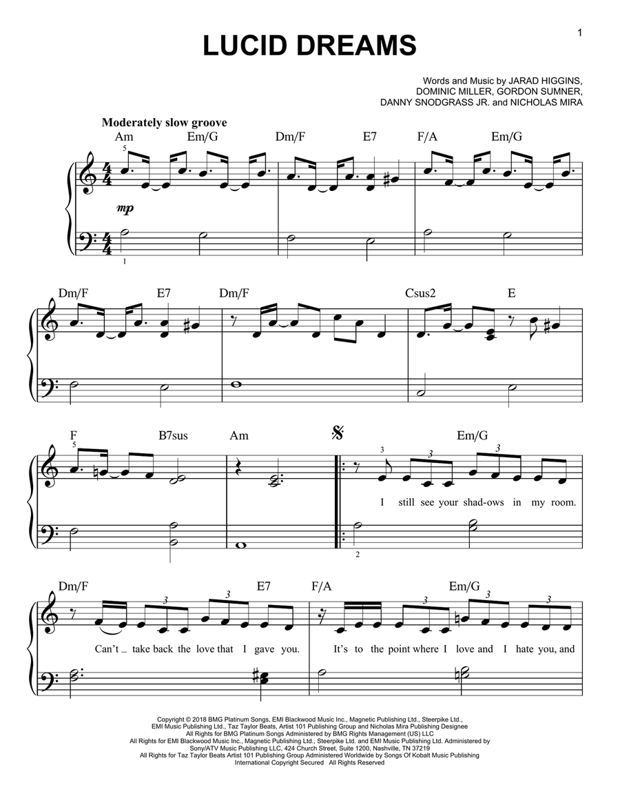 Lucid Dreams Easy Piano scores gallery preview page 1