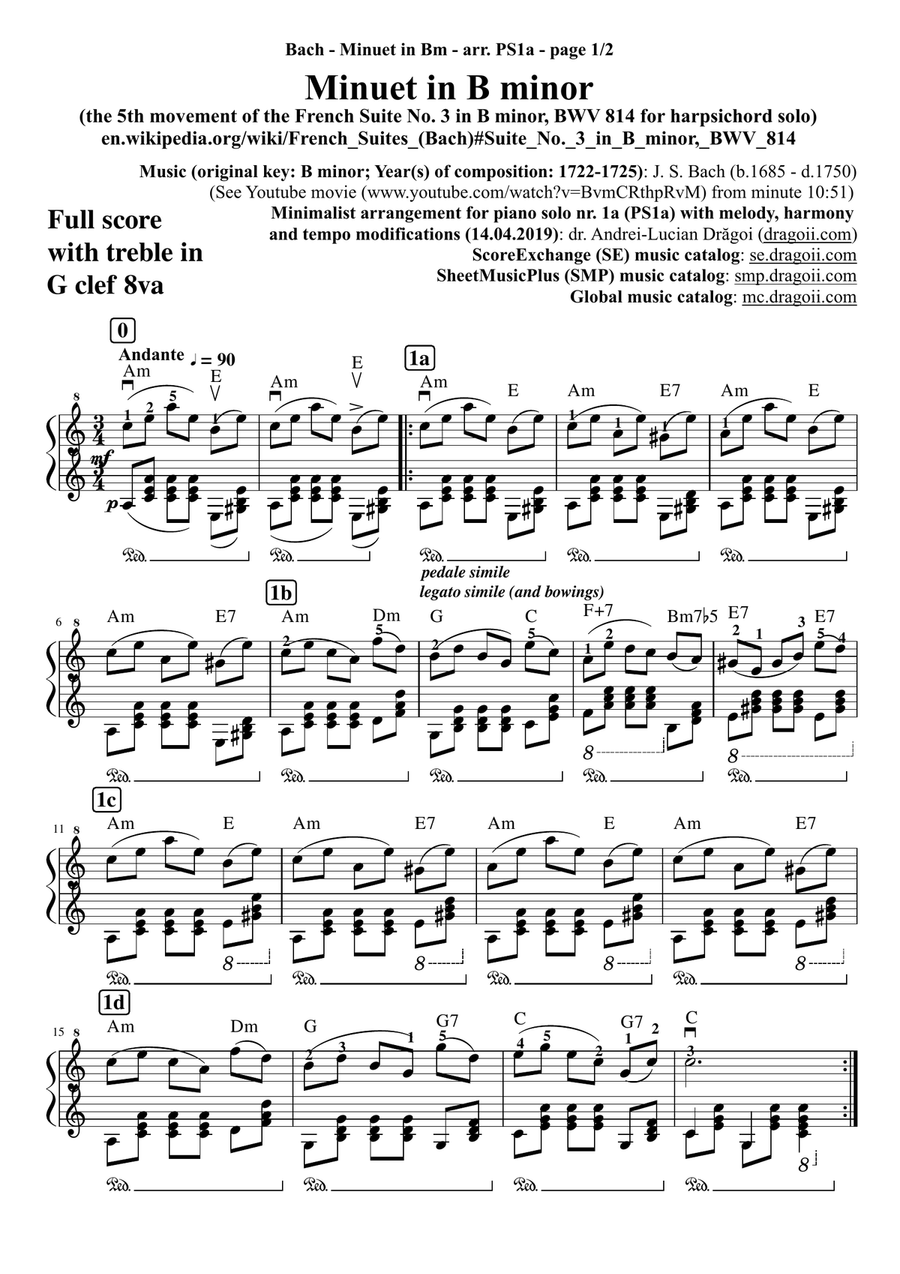 J. S. Bach - Minuet in B minor (from the 5th movement of the French Suite No. 3 in B minor, BWV 814 Easy Piano scores gallery preview page 1