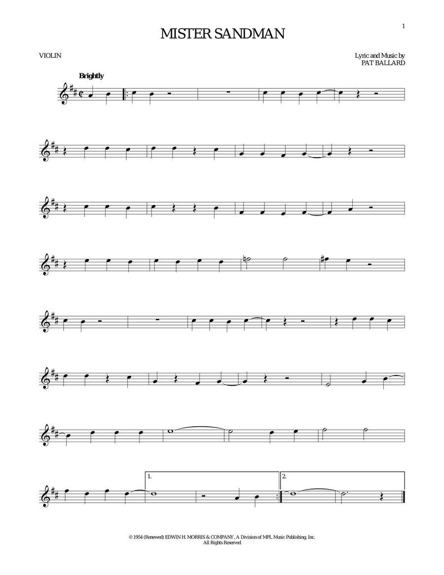 Mister Sandman Violin Solo scores gallery preview page 1