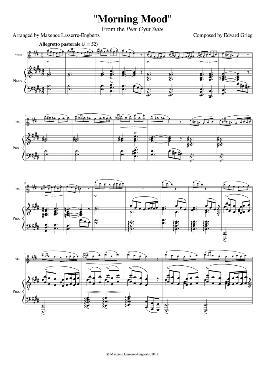 ''Morning Mood'' (from Peer Gynt) for violin and piano ''Morning Mood'' (from Peer Gynt) for violin and piano Violin Solo scores gallery preview page 1