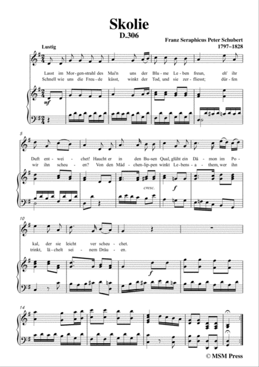 Schubert-Skolie(Skolion;Drinking Song),D.306,in G Major,for Voice&Piano Voice scores gallery preview page 3