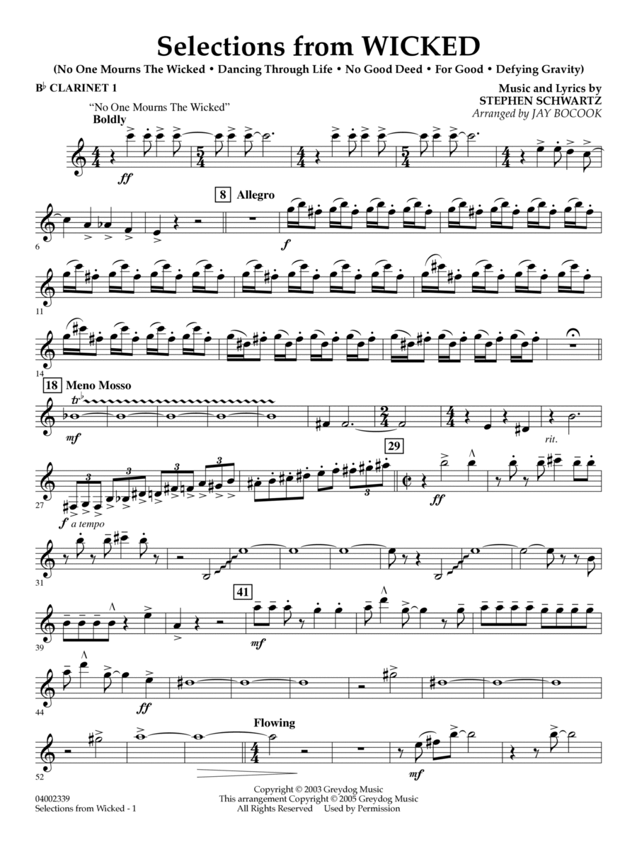 Selections from Wicked (arr. Jay Bocook) - Bb Clarinet 1 Concert Band scores gallery preview page 1
