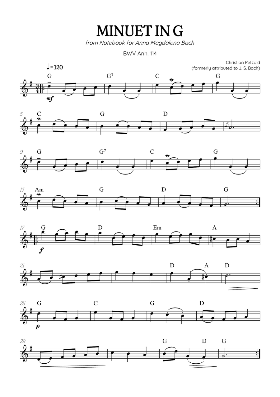 Petzold (Bach) Minuet in G BWV Anh 114 | flute solo (with chords) Flute Solo scores gallery preview page 1