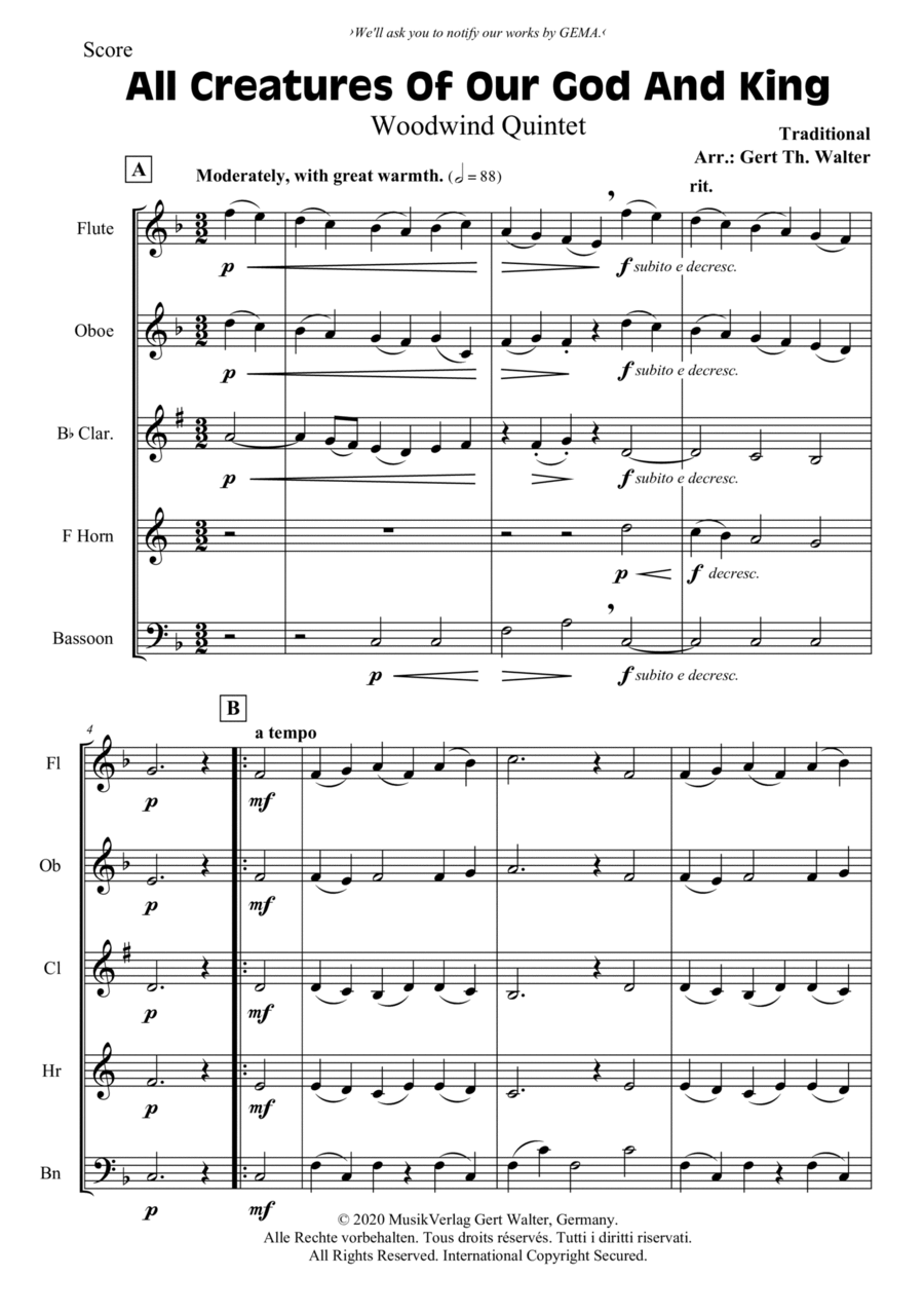All Creatures Of Our God And King Woodwind Quintet scores gallery preview page 1