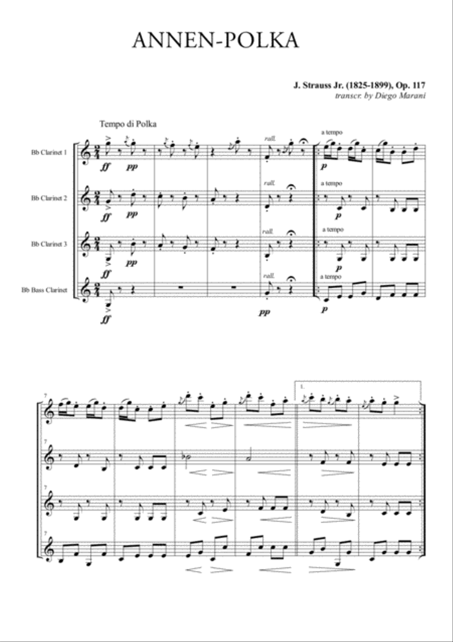 Annen-Polka for Clarinet Quartet Clarinet Quartet scores gallery preview page 3