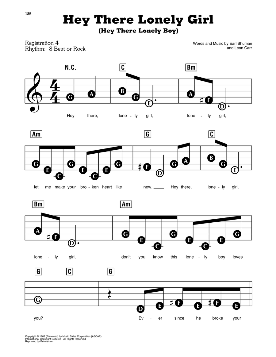 Hey There Lonely Girl (Hey There Lonely Boy) Electronic Keyboard scores gallery preview page 1