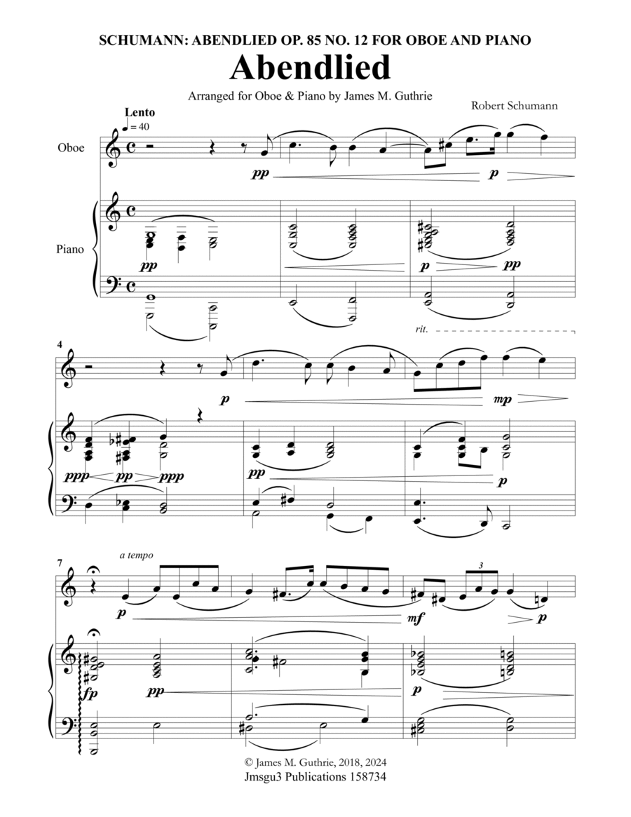 Schumann: Abendlied for Oboe & Piano Piano scores gallery preview page 1
