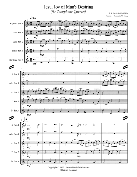 Bach - Jesu, Joy of Man’s Desiring (for Saxophone Quartet SATB or AATB) image number null