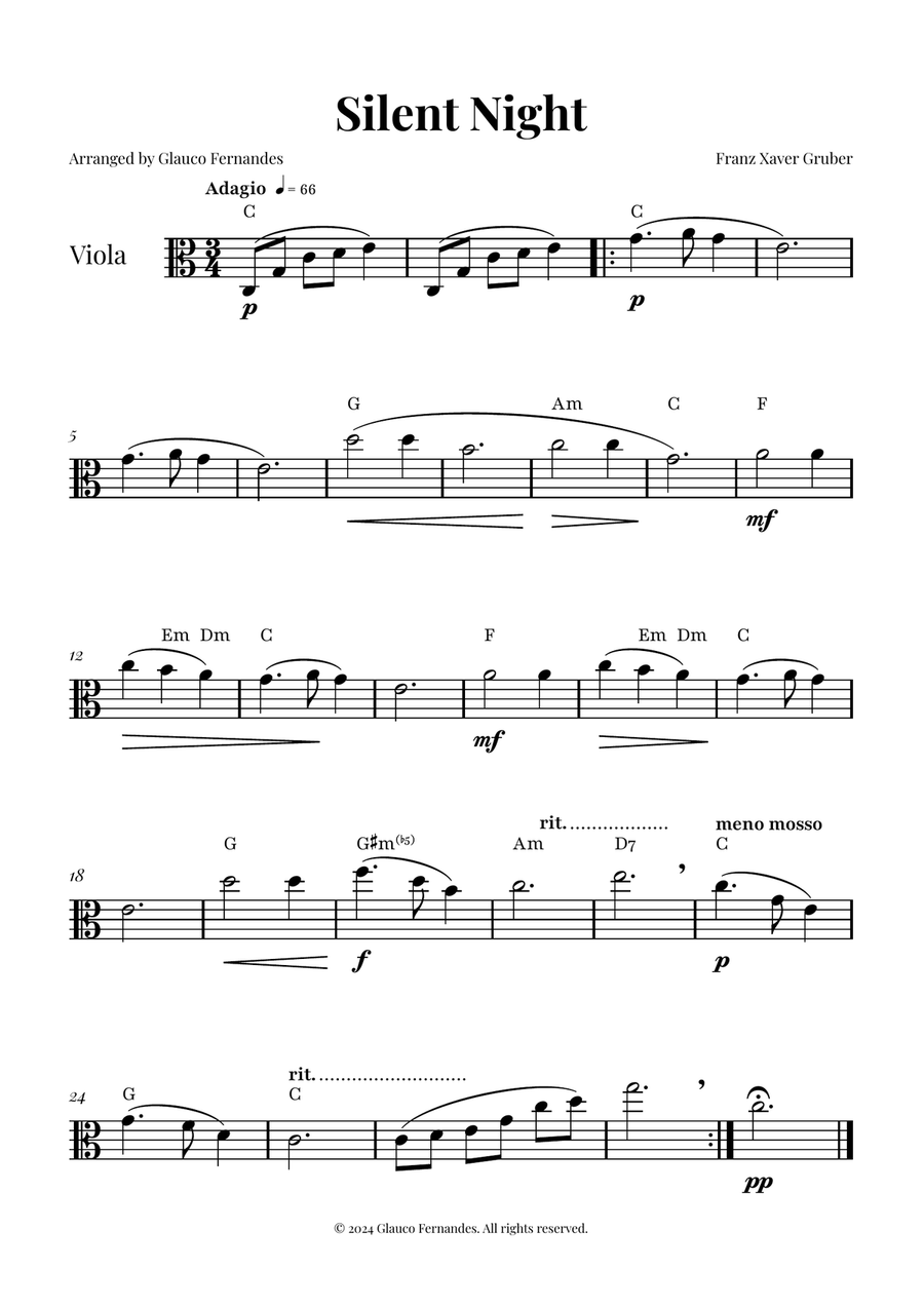 Silent Night | BEAUTIFUL Arrangement Viola Solo scores gallery preview page 1