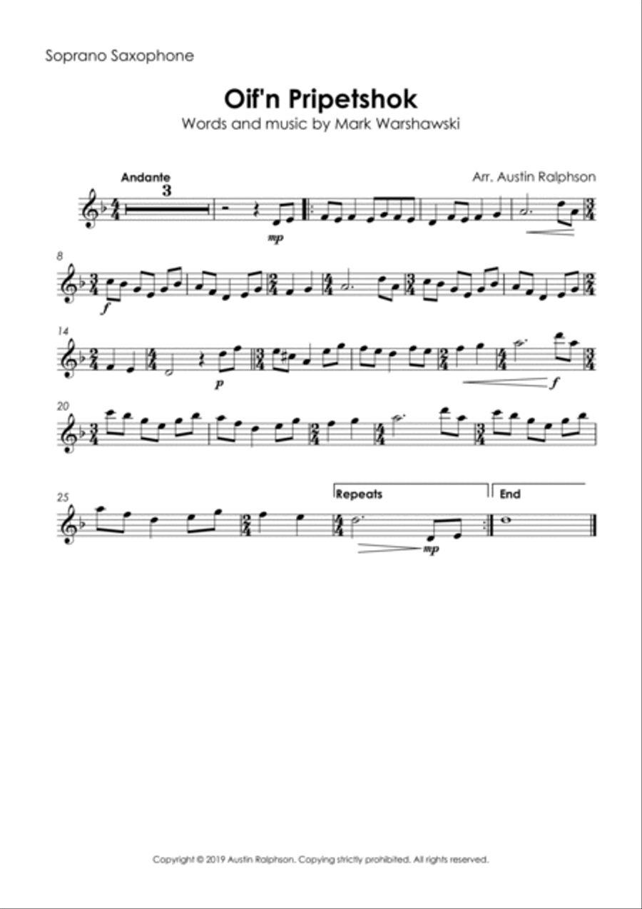 Oif'n Pripetshok אויפן פריפעטשיק‎ (Jewish Wedding) - sax quartet Saxophone Quartet scores gallery preview page 3