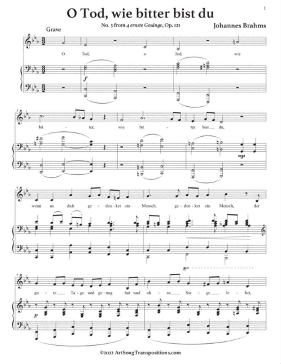 BRAHMS: O Tod, wie bitter bist du, Op. 121 no. 3 (transposed to C minor) Voice scores gallery preview page 2