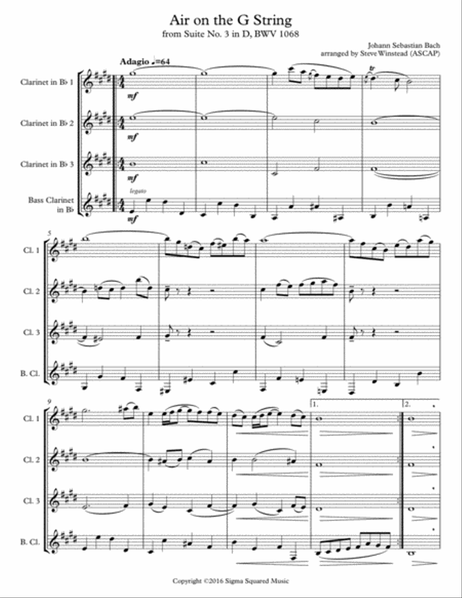Air on the G String for Clarinet Quartet or Choir Choir scores gallery preview page 2