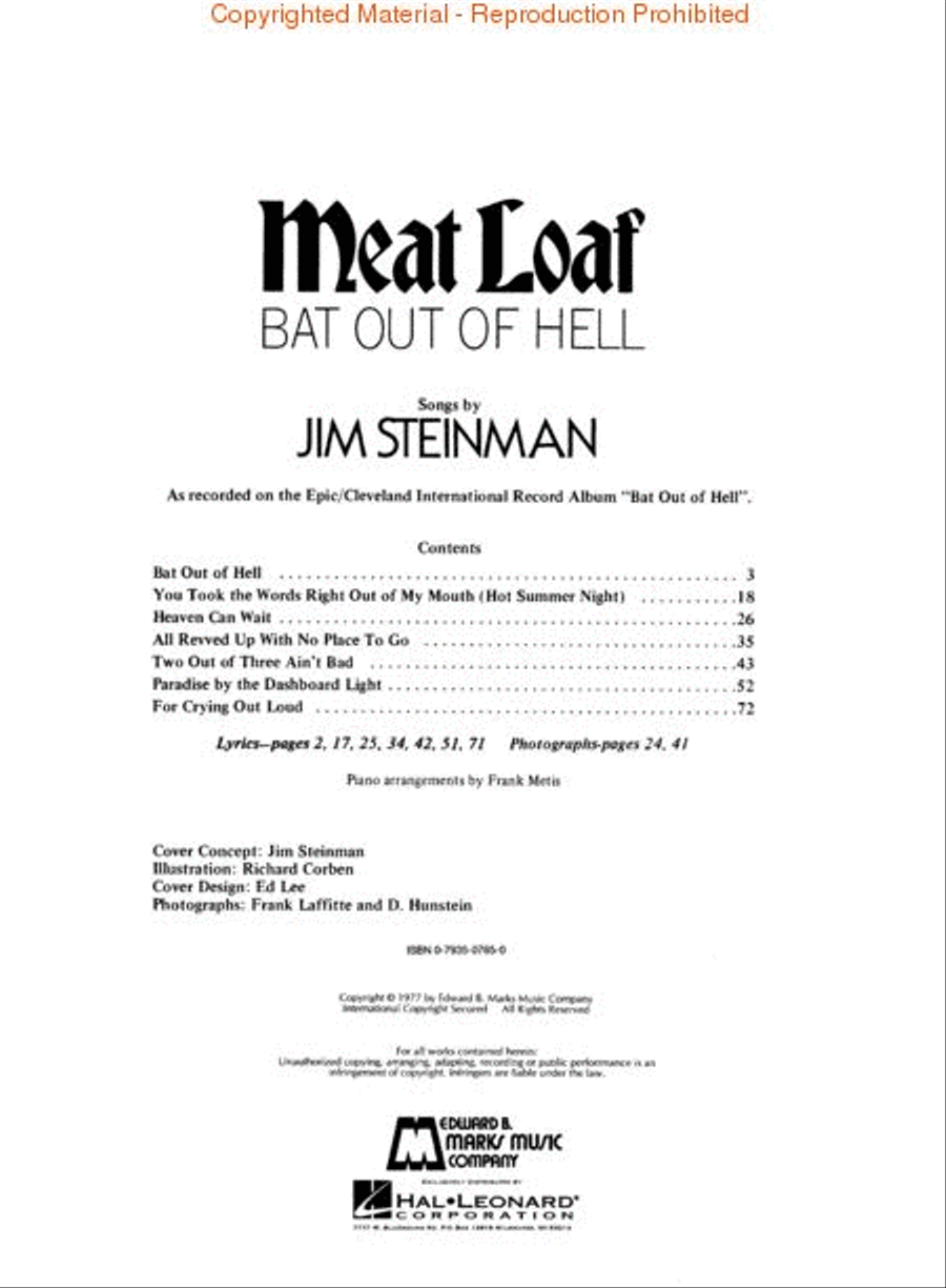 Meat Loaf – Bat Out of Hell Piano, Vocal, Guitar scores gallery preview page 2