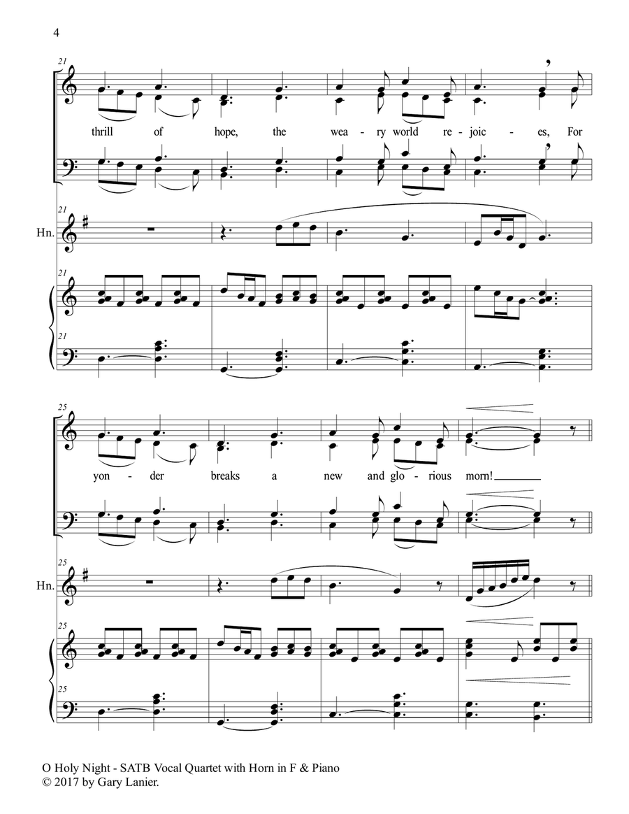 O HOLY NIGHT (SATB Vocal Quartet with Horn in F & Piano - Score & Parts included) 4-Part scores gallery preview page 5