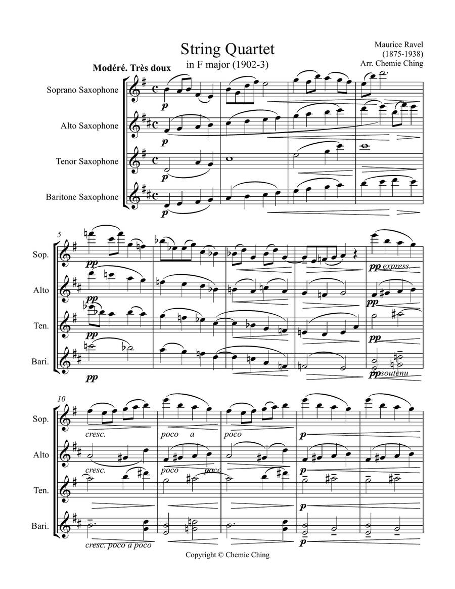 Maurice Ravel - String Quartet in F major I. Allegro moderato – très doux arranged for Saxophone Woodwind Quartet scores gallery preview page 1