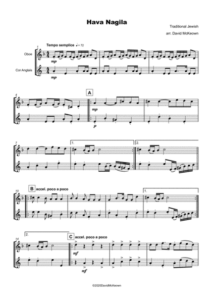 Hava Nagila, Klezmer tune for Oboe and Cor Anglais, (or English Horn), Duet