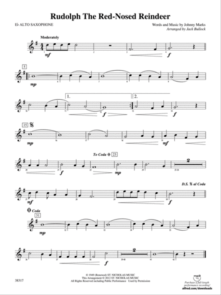 Rudolph the Red-Nosed Reindeer: E-flat Alto Saxophone Concert Band scores gallery preview page 1