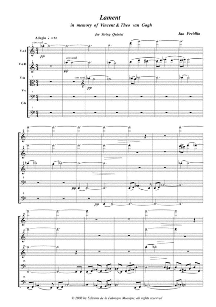 Jan Freidlin: Lament in Memory of Theo and Vincent Van Gogh for string quintet, score and parts String Quartet scores gallery preview page 2