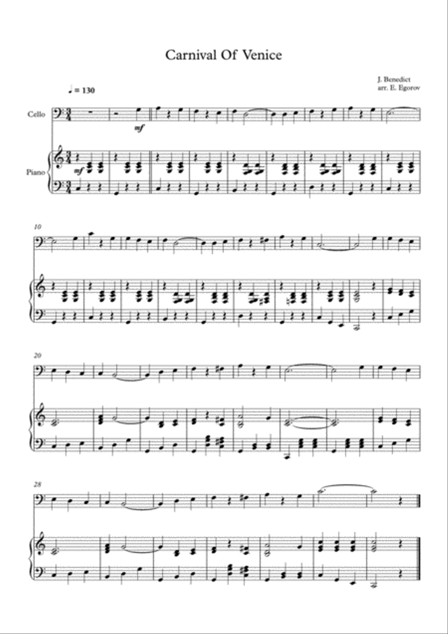 Carnival Of Venice, Julius Benedict, For Cello & Piano Piano scores gallery preview page 1