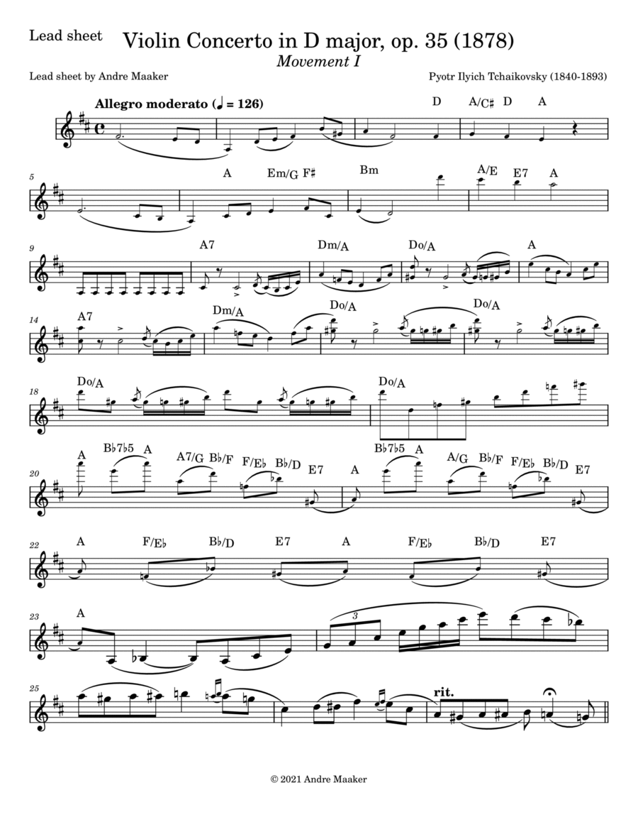 P.I.Tchaikovsky - Violin Concerto in D, op. 35 (I - allegro moderato) - lead sheet Violin Solo scores gallery preview page 1