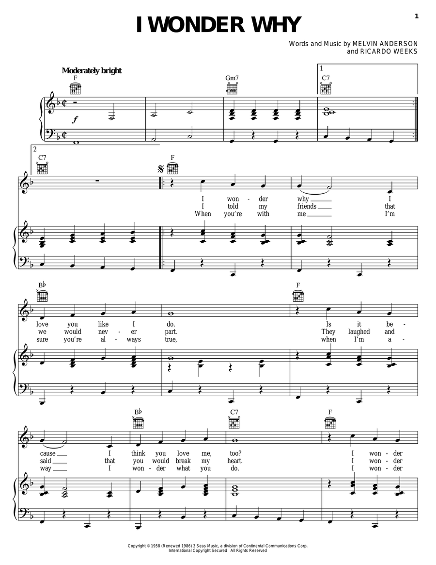 I Wonder Why Piano, Vocal, Guitar scores gallery preview page 1