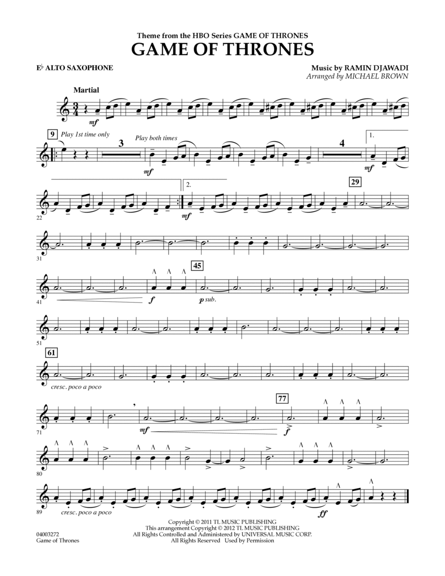 Game Of Thrones (arr. Michael Brown) - Eb Alto Saxophone Concert Band scores gallery preview page 1