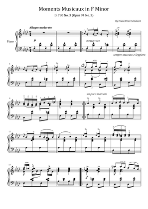 Schubert Moments Musicaux in F Minor - D. 780 No. 3 (Op.94 No. 3) - Original With Fingered