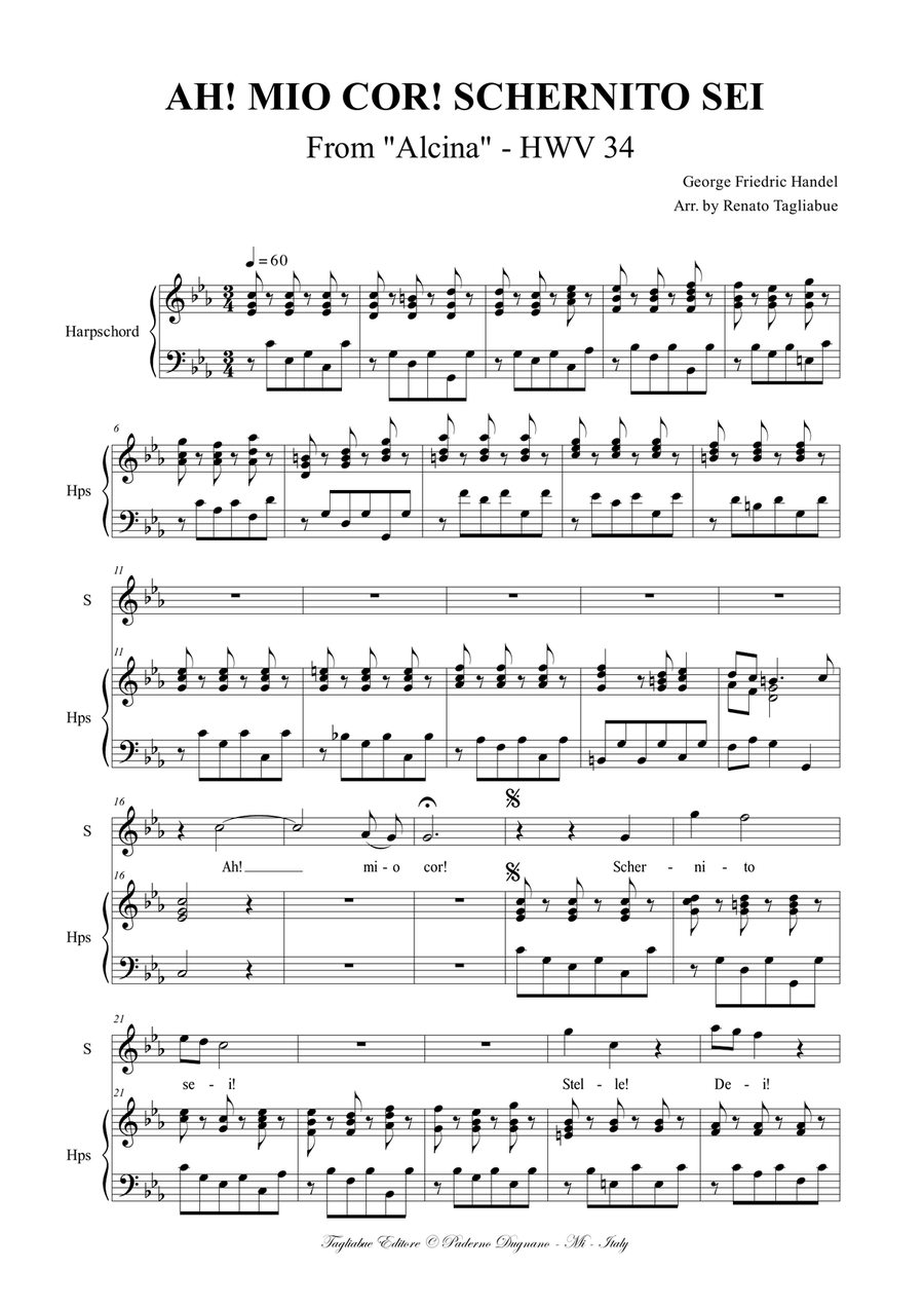 AH! MIO COR, SCHERNITO SEI! - From "Alcina" HWV 34 - Arr. for Soprano and Piano/Harpschord image number null