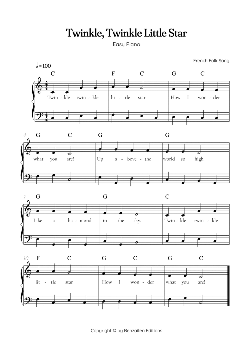 Twinkle, Twinkle Little Star • Easy piano music sheet in PDF with chords image number null