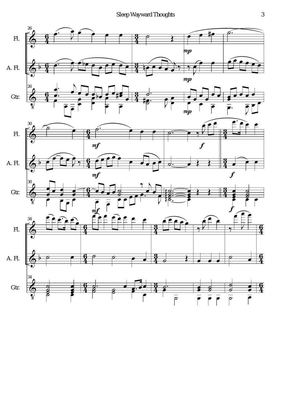 Sleep wayward thoughts for flute alto flute and guitar Flute scores gallery preview page 3