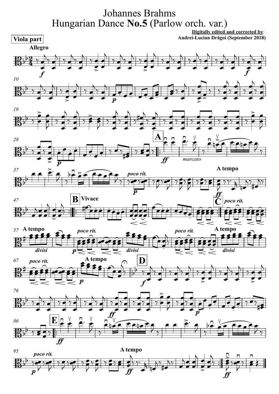 Johannes Brahms - Hungarian Dance No.5 (Parlow orch. var.) - C-clef viola (CCV) and arr for G-clef v Viola Solo scores gallery preview page 1