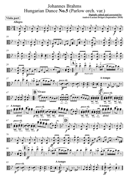 Johannes Brahms - Hungarian Dance No.5 (Parlow orch. var.) - C-clef viola (CCV) and arr for G-clef v image number null