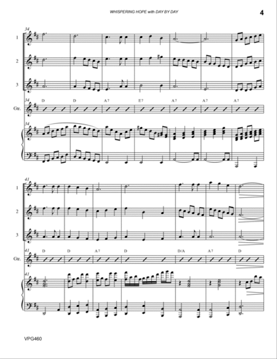 WHISPERING HOPE with DAY BY DAY - 3 Violins & Guitar with Piano accompaniment Small Ensemble scores gallery preview page 4