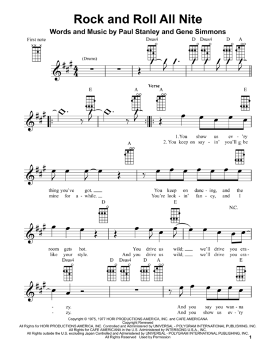 Rock And Roll All Nite Ukulele scores gallery preview page 1