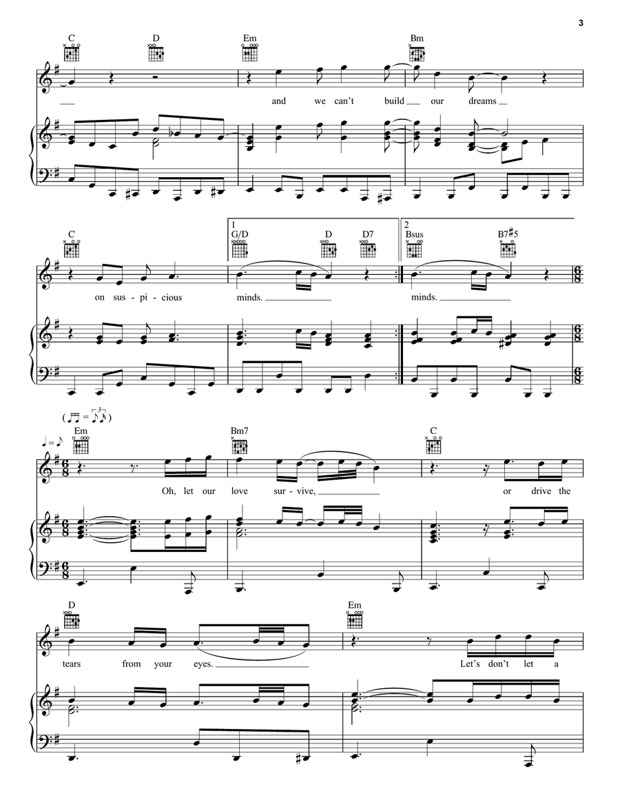 Suspicious Minds Piano, Vocal, Guitar scores gallery preview page 3