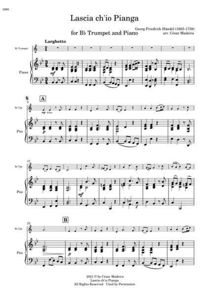 Lascia Ch'io Pianga - Bb Trumpet and Piano (Full Score and Parts) image number null