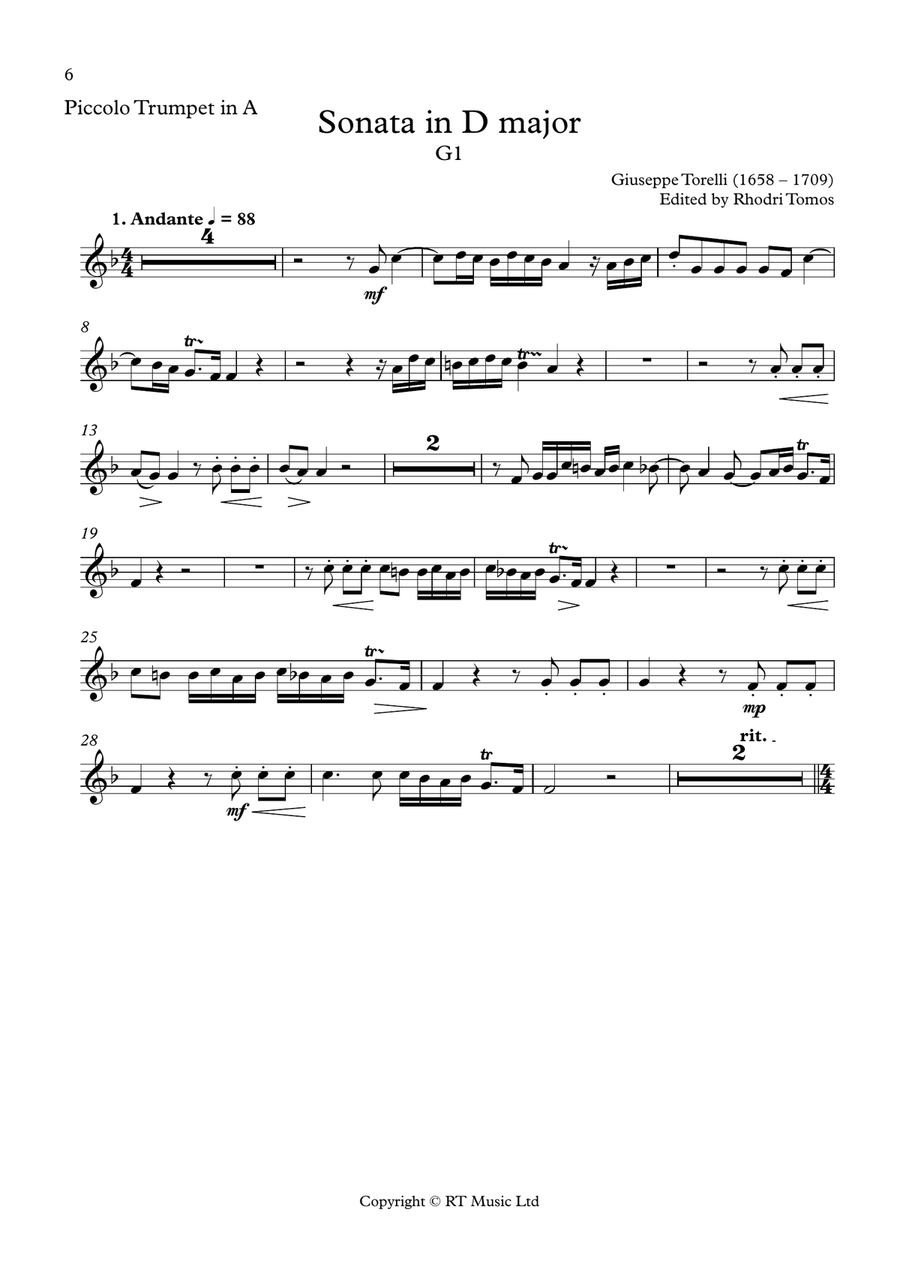 Torelli G1 Sonata for Trumpet in D major C Trumpet scores gallery preview page 6