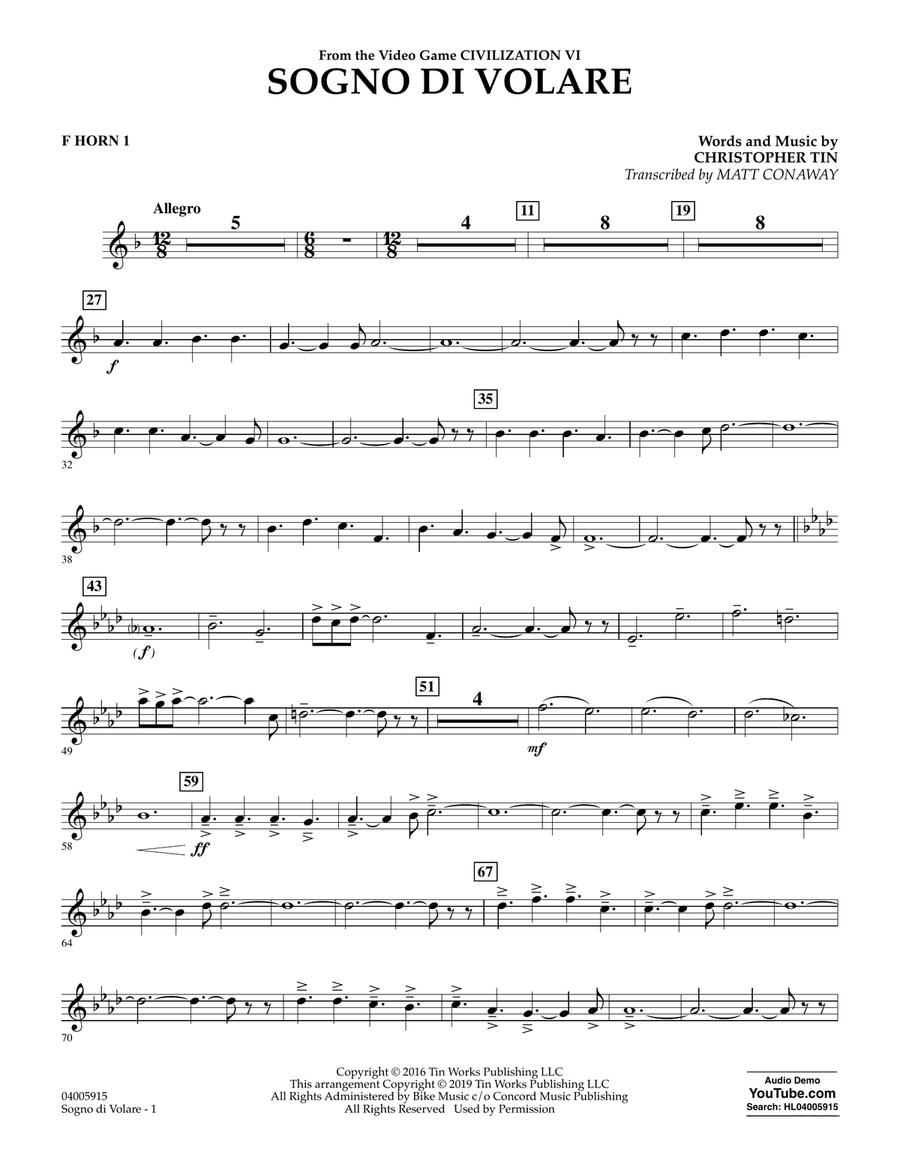 Sogno di Volare (from Civilization VI) (arr. Matt Conaway) - F Horn 1 Concert Band scores gallery preview page 1