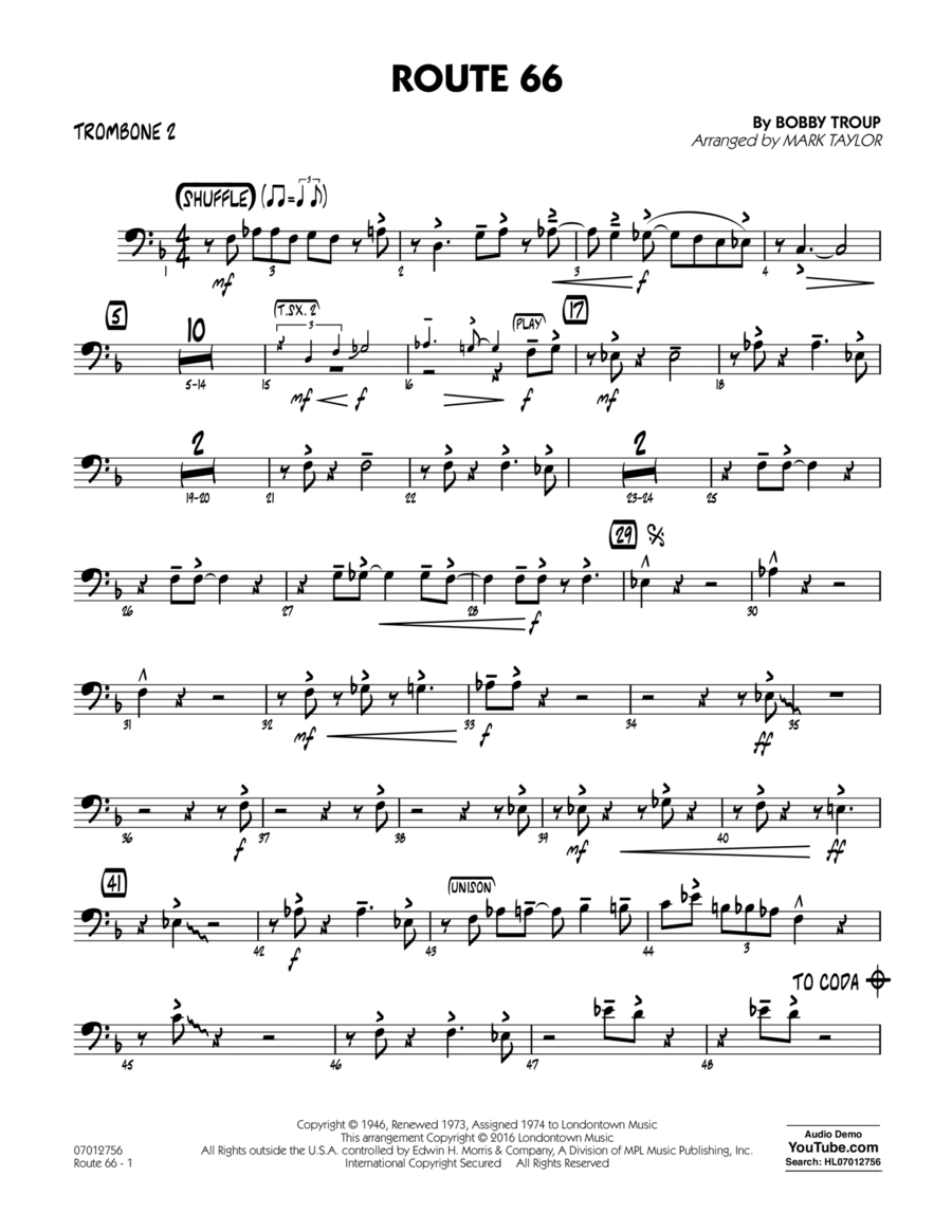 Route 66 (Key: F) - Trombone 2 Trombone scores gallery preview page 1