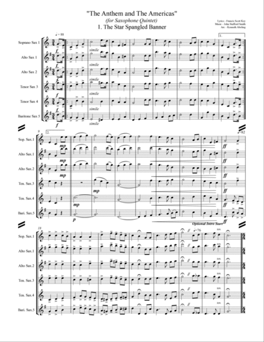 The U.S. National Anthem and The Americas (for Saxophone Quintet SATTB or AATTB) Saxophone Quintet scores gallery preview page 2